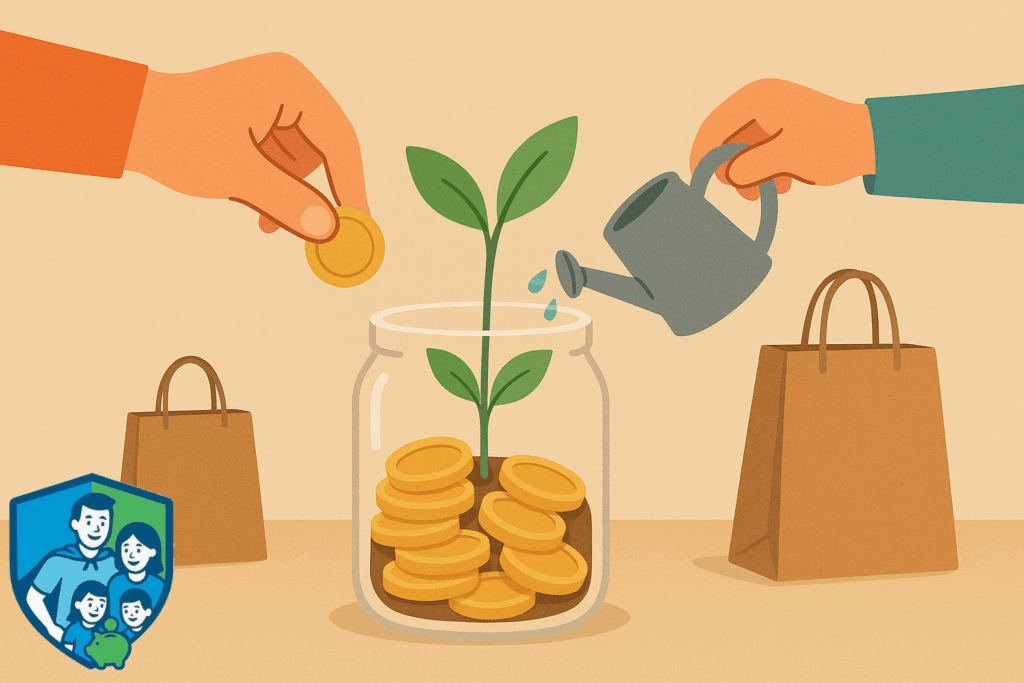 Eltern und Kind füllen Sparglas für finanzielle Zukunft