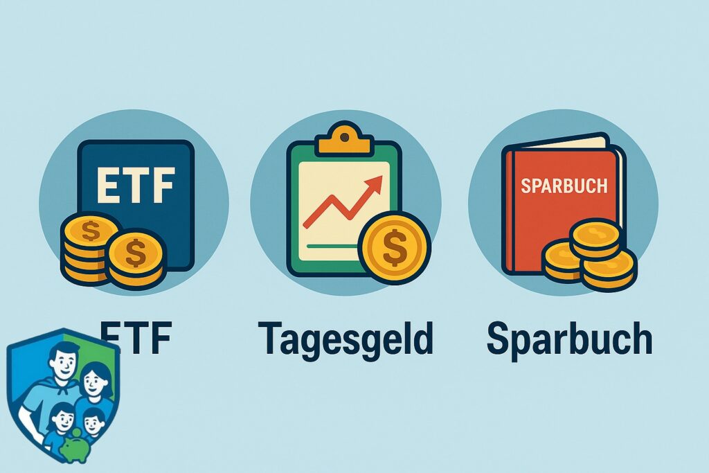 Grafik ‚ETF vs Sparbuch‘: Vergleich zwischen ETF-Investition und klassischem Sparbuch hinsichtlich Rendite, Risiko und Zinsentwicklung