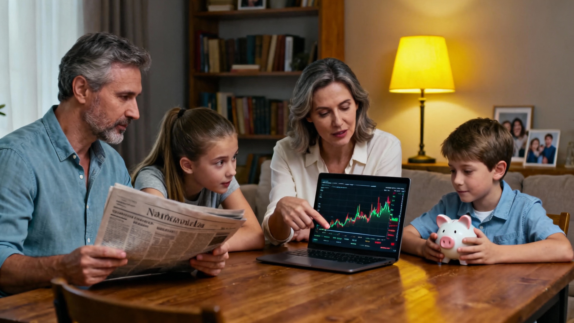 Familie schaut auf Laptop mit ETF-Sparplan