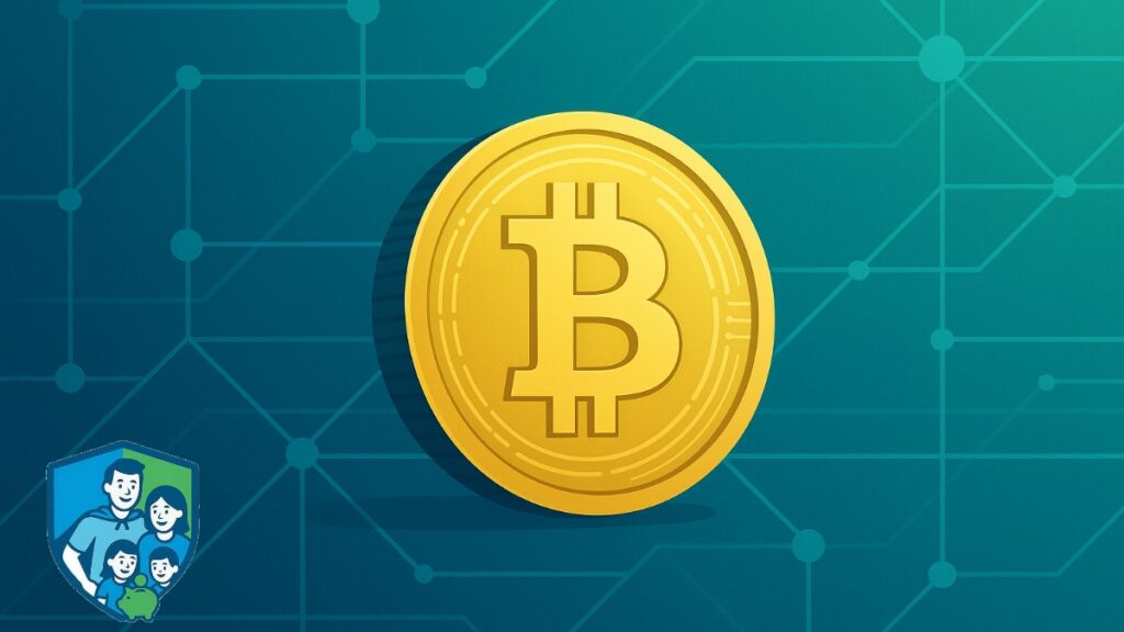 Goldene Bitcoin-Münze vor blau-grünem Blockchain-Hintergrund, Symbol für digitales Geld