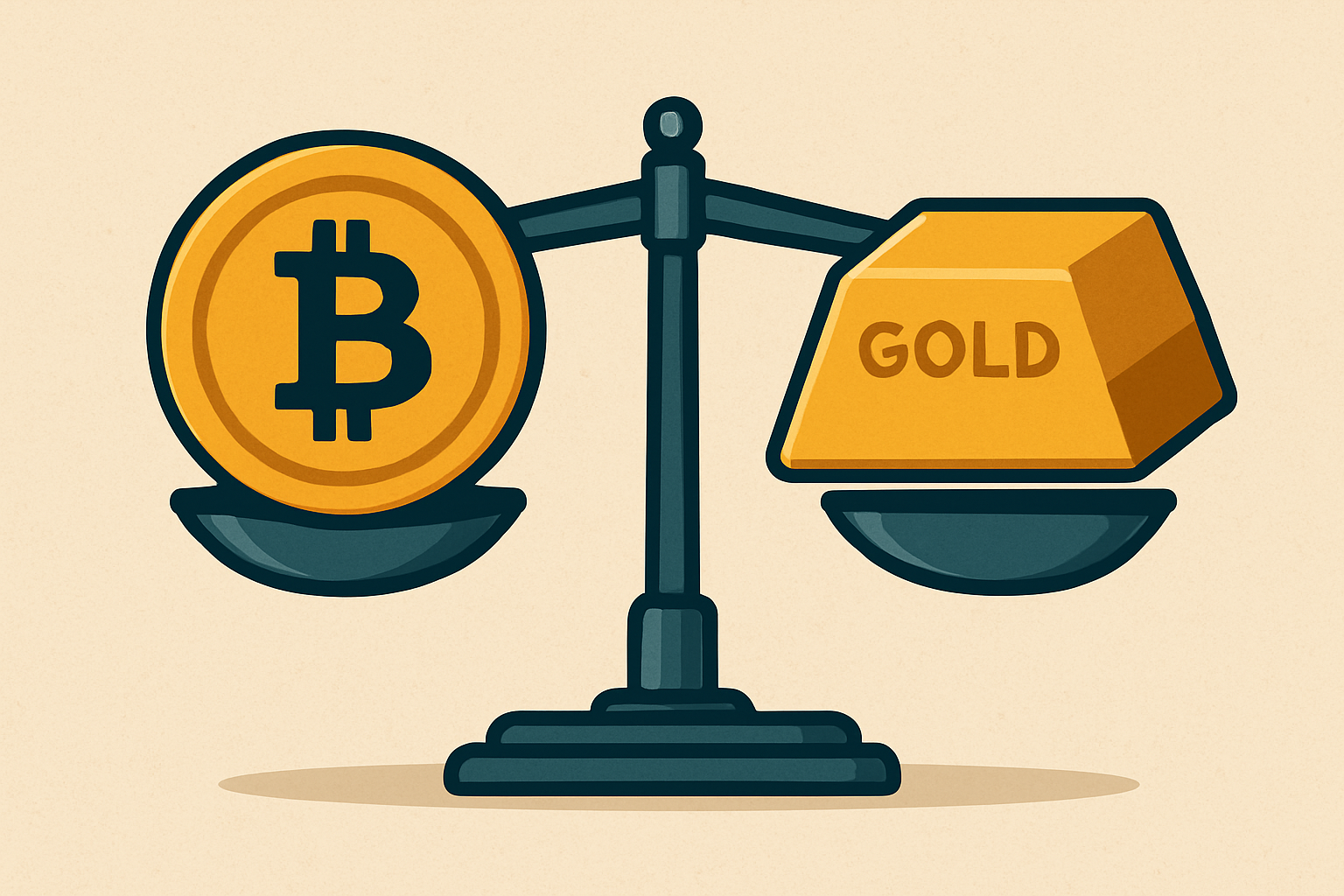 Waagschale mit Goldbarren und einer Bitcoin-Münze