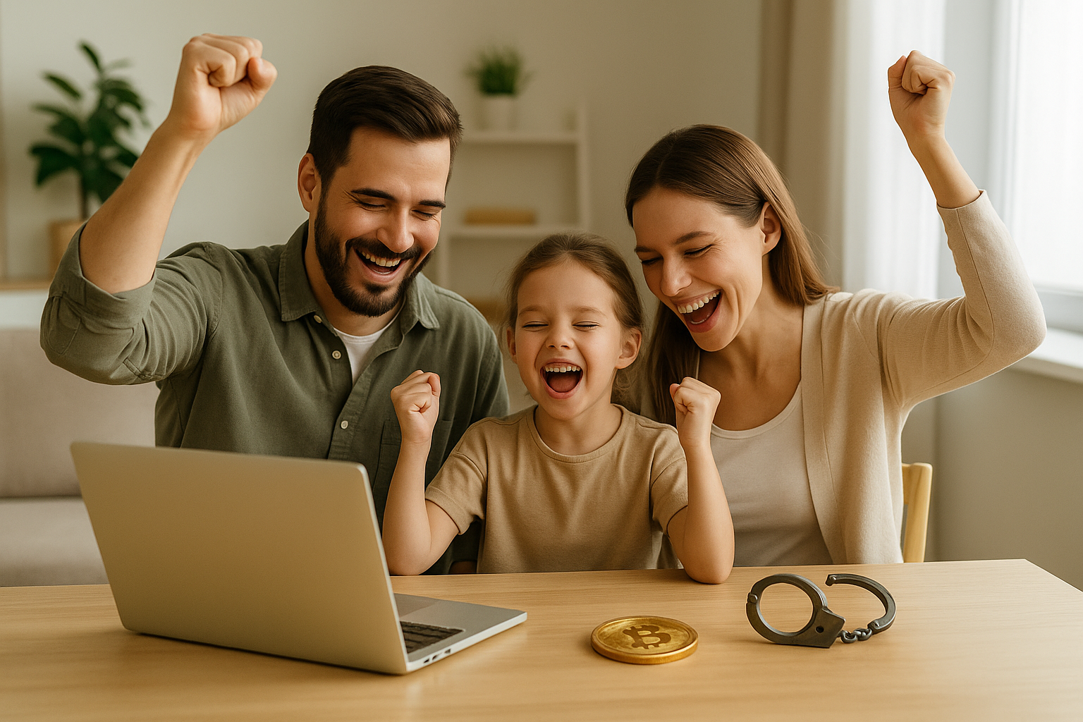 Familie jubelt vor Laptop – Symbol für schuldenfrei durch Bitcoin
