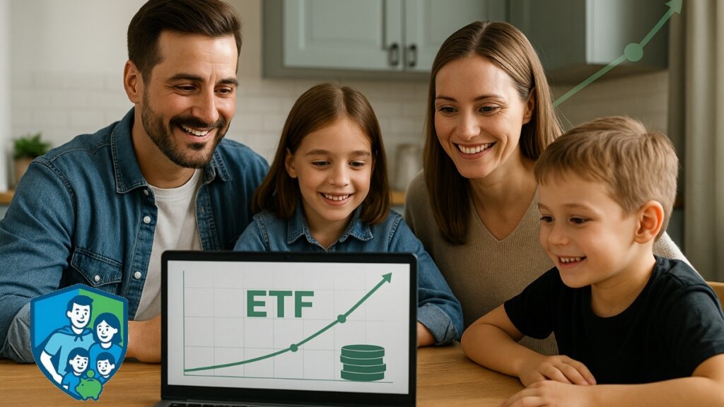 Familie sitzt am Küchentisch mit Laptop, auf dem ein ETF-Chart angezeigt wird