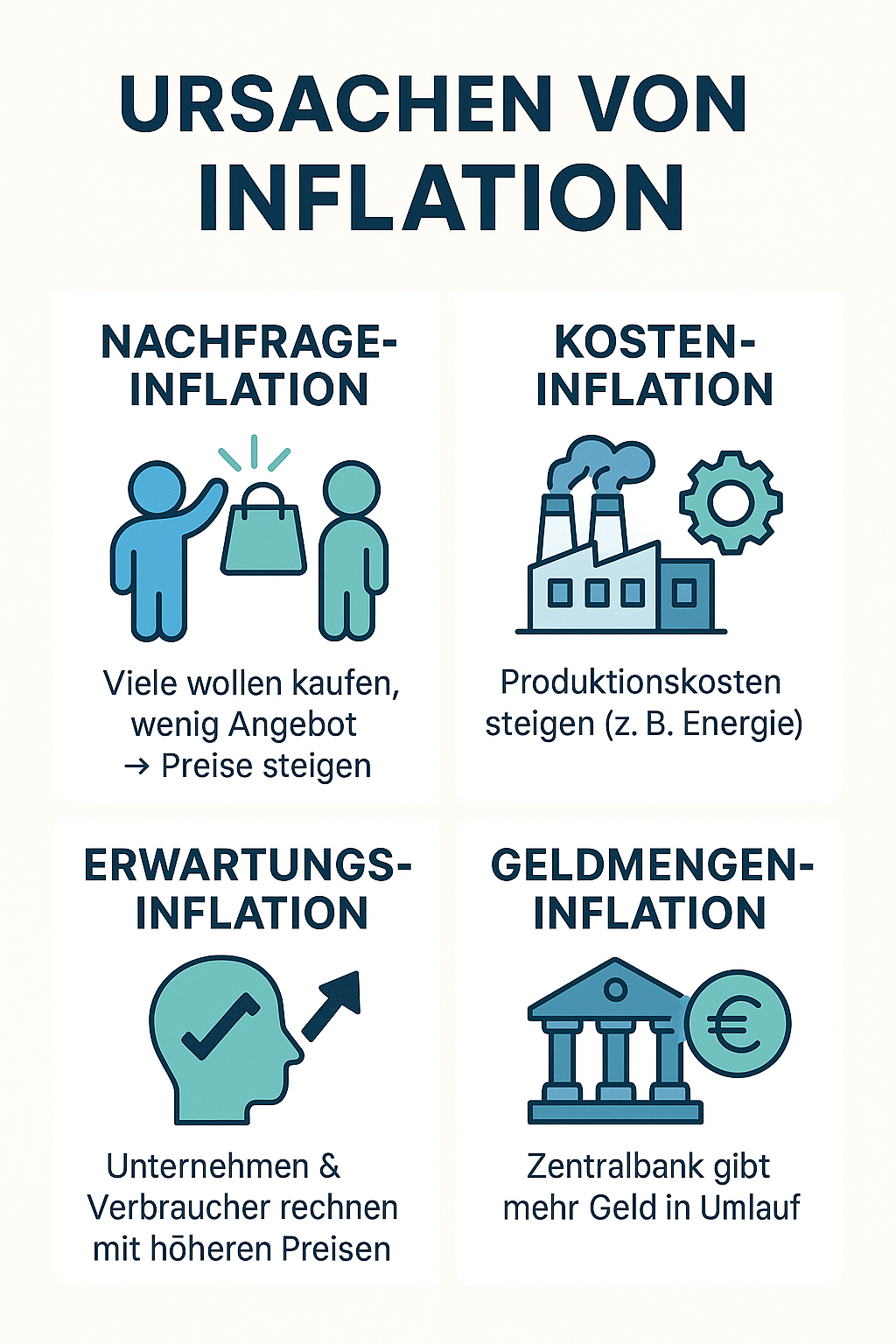 Infografik: Ursachen von Inflation – Nachfrage, Kosten, Erwartungen und Geldmenge