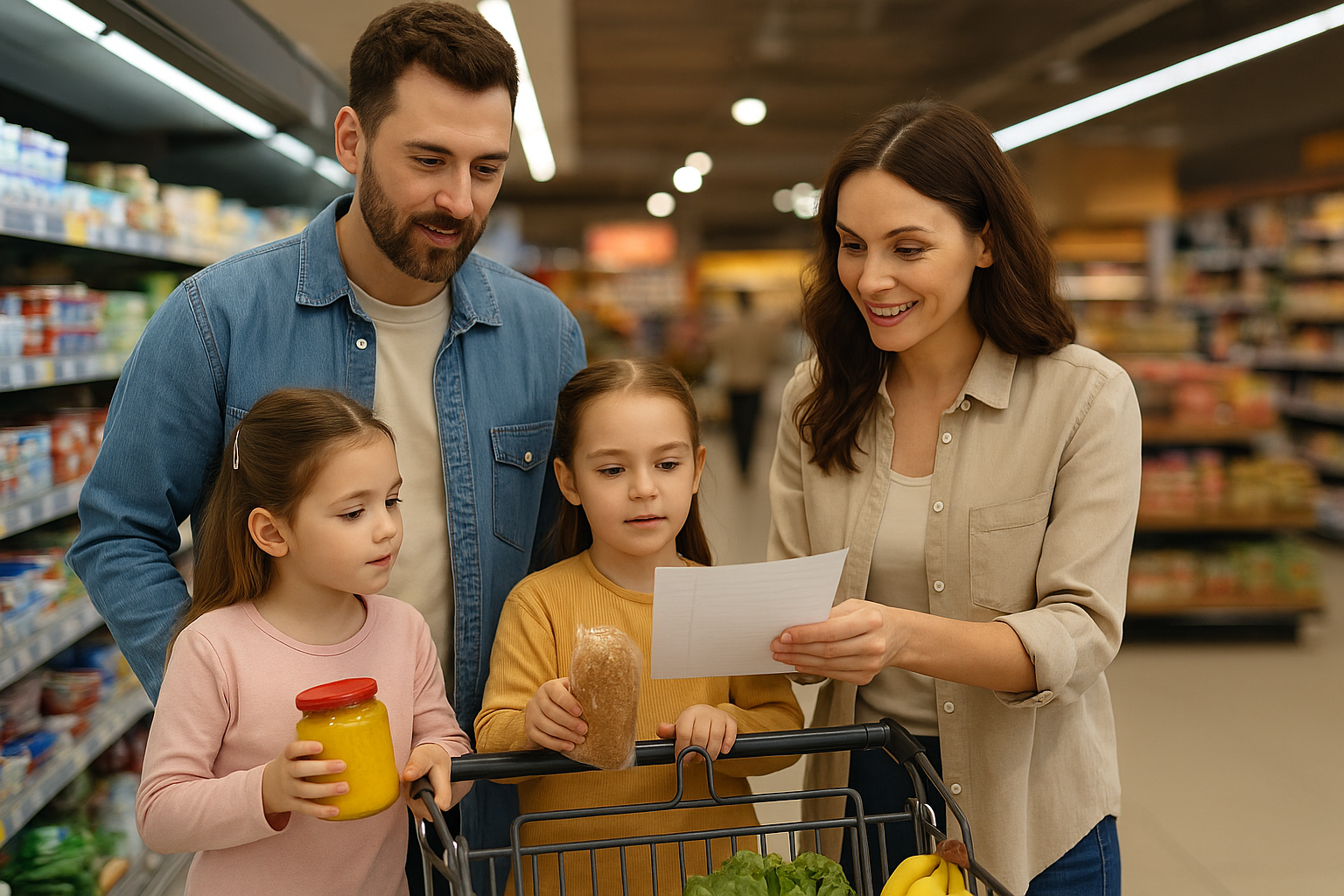 Familie im Supermarkt vergleicht Preise – Spartipps für Familien im Alltag.