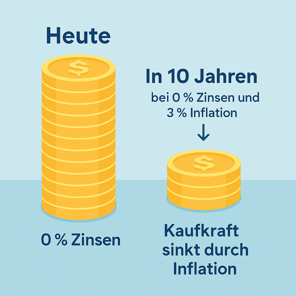 Infografik: Geld verliert Kaufkraft bei 0 % Zinsen – Inflation frisst Ersparnisse
