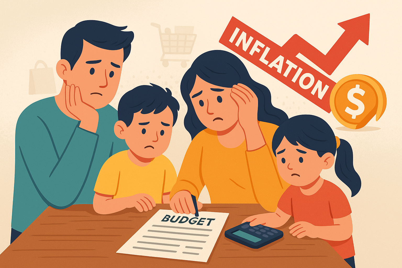 Illustration: Familie prüft Budget – Kaufkraft schützen trotz Inflation