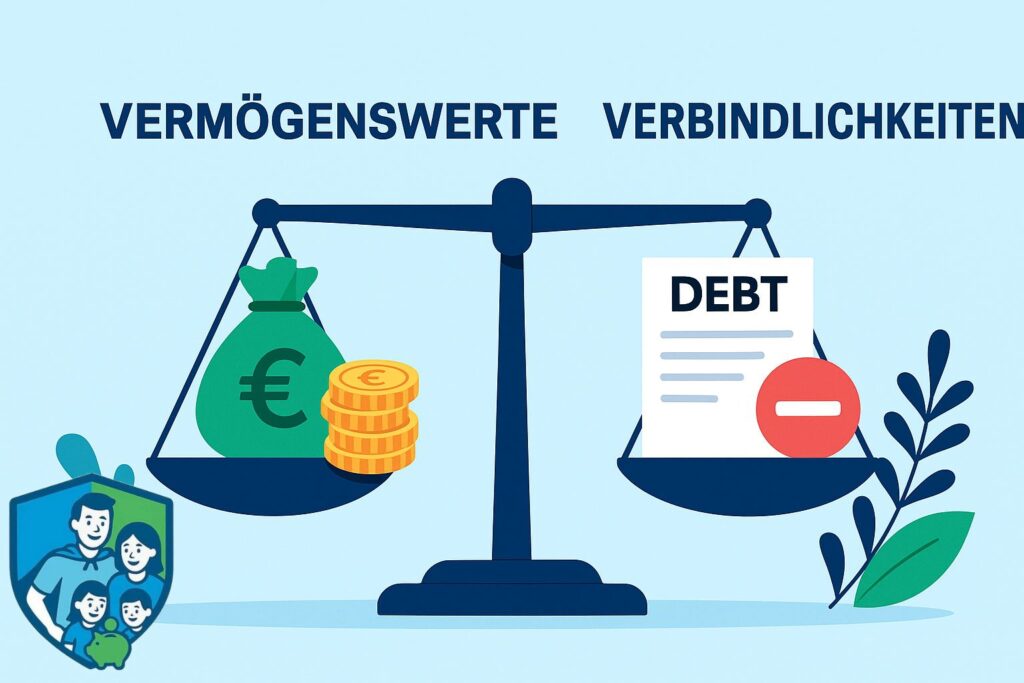 Waage mit Symbolen für Vermögenswerte und Verbindlichkeiten – Illustration zum Finanzverständnis für Familien