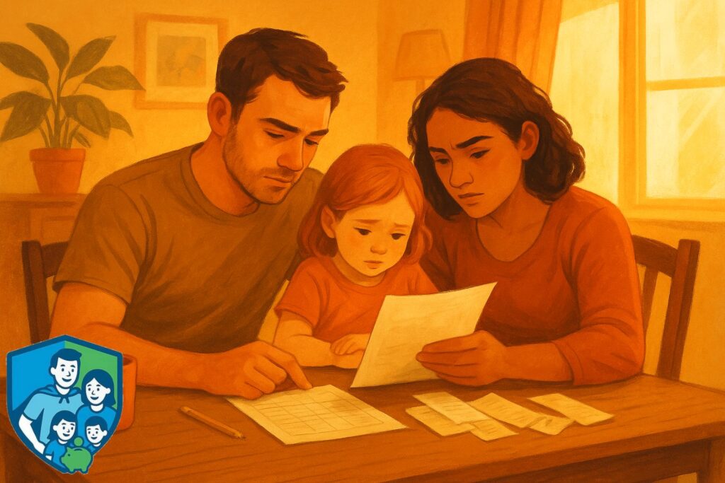 Familie reflektiert ihr Konsumverhalten und bespricht Ausgaben am Esstisch