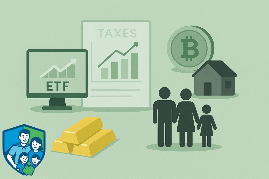 Verschiedene Anlageklassen wie ETFs, Krypto, Gold und Immobilien mit dem englischen Wort Taxes im Hintergrund – steuerliche Unterschiede einfach erklärt für Familien