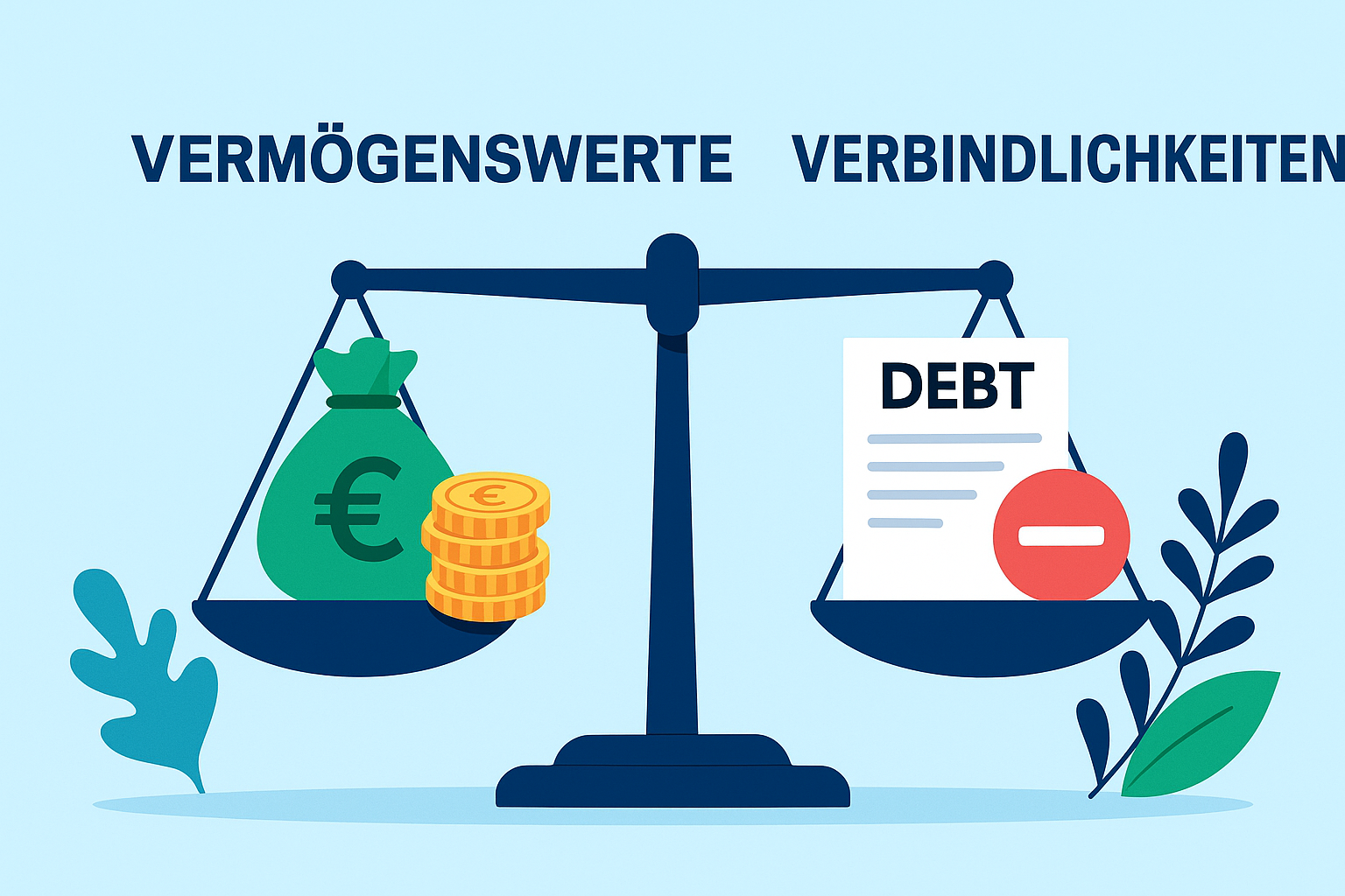 Vermögenswerte und Verbindlichkeiten – der Unterschied, der über Wohlstand entscheidet Vermögenswerte und Verbindlichkeiten erklärt – Waage mit Symbolen für Vermögen und Schulden für Familien