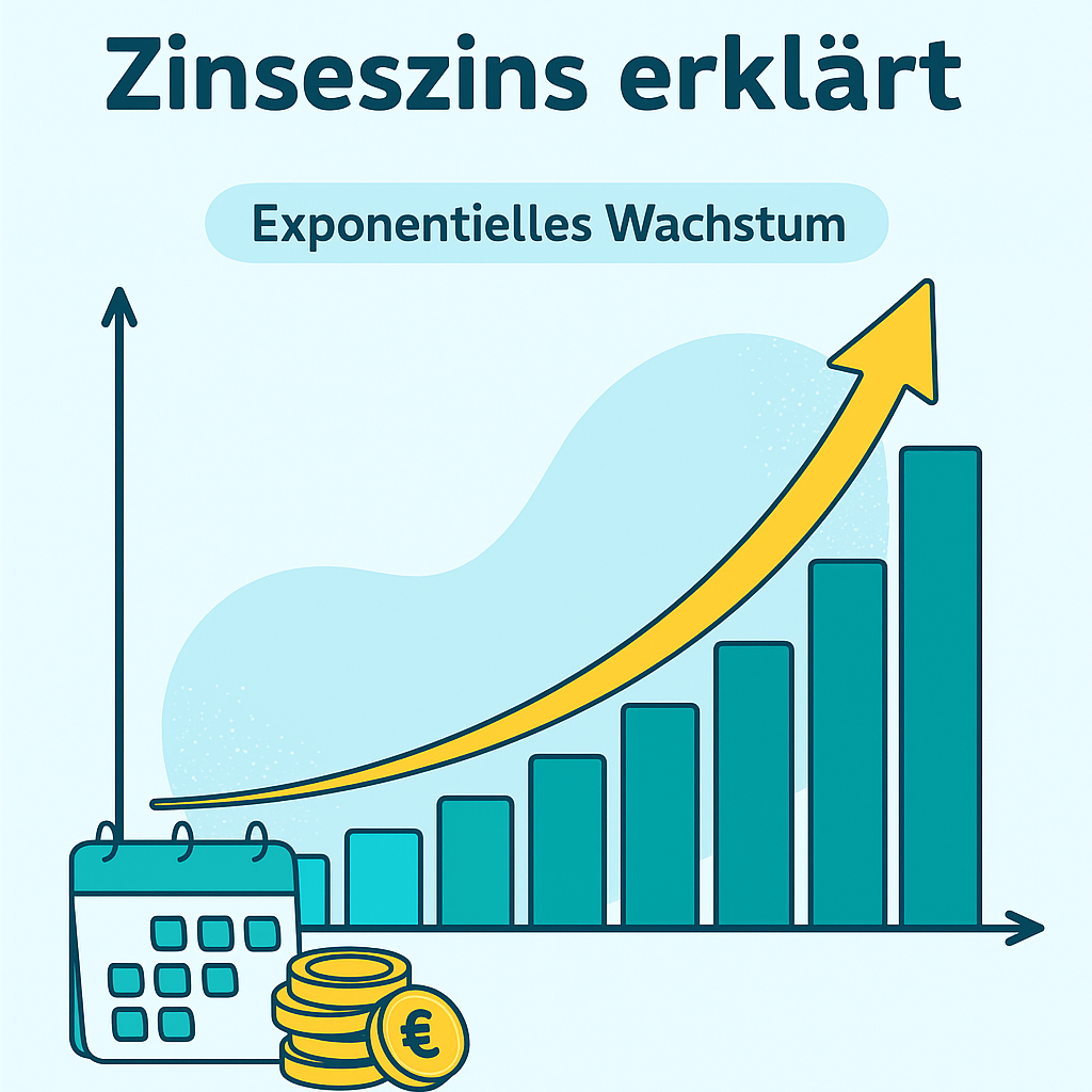 Zinseszins exponentielles Wachstum: wachsende Münzstapel und steigende Kurve