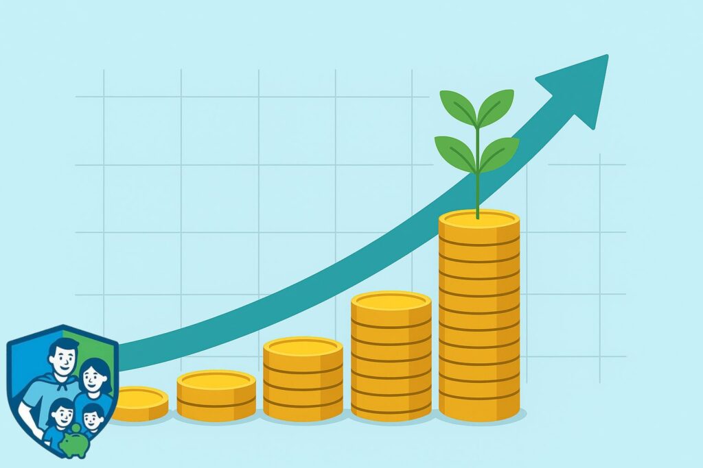 Illustration zeigt gestapelte Münzen, die zu einer Pflanze heranwachsen, mit steigender Kurve im Hintergrund – symbolisch für den Zinseszinseffekt und langfristiges Vermögenswachstum.