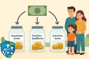 Illustration: Familie erklärt das 3-Konten-Modell – Einkommen fließt vom Girokonto auf Haushaltskonto, Spaßkonto und Zukunftskonto.