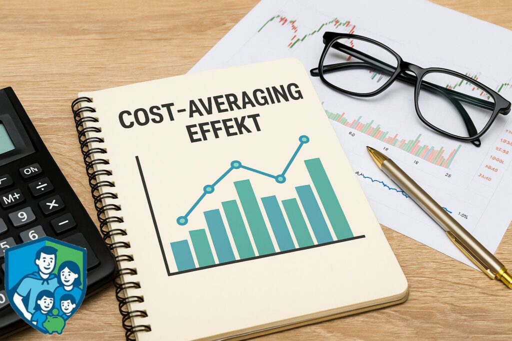 Cost-Averaging-Effekt dargestellt mit Diagramm und Finanzunterlagen auf einem Schreibtisch