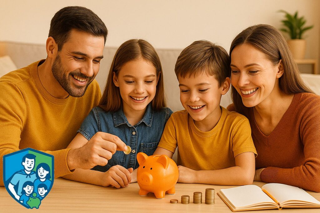 Familie mit zwei Kindern sitzt am Tisch und legt gemeinsam Geld in ein Sparschwein