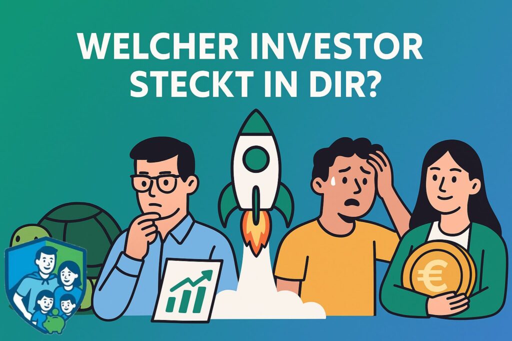 Illustration mit Symbolen für fünf Anlegertypen: Sicherheitsfanatiker, Systematiker, Renditejäger, Emotionaler und Sparheld-Typ – passend zum Investieren-Thema auf „Wir sind Sparhelden“