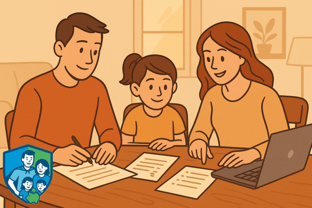 Illustration einer Familie, die gemeinsam am Tisch ihr Haushaltsbudget und Verträge prüft – jährlicher Vergleichs-Check