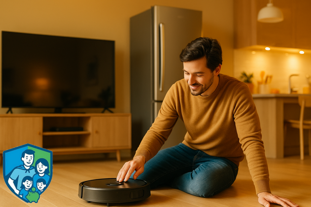 Familie vergleicht Haushaltsgeräte online – Vater am Laptop, Mutter mit Kind, Haushaltsbudget und Konsumentscheidung im Blick.