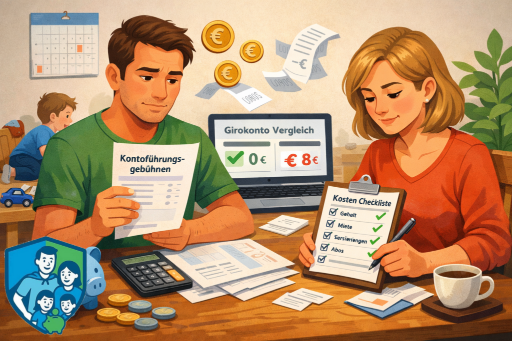 Familie prüft Kontoführungsgebühren und plant einen stressfreien Kontowechsel im Alltag