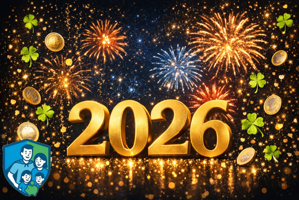 Neujahr 2026 mit Feuerwerk, Glückskleeblättern und Euromünzen als Symbol für finanzielle Planung und Familienfinanzen