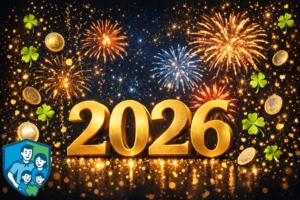 Neujahr 2026 mit Feuerwerk, Glückskleeblättern und Euromünzen als Symbol für finanzielle Planung und Familienfinanzen