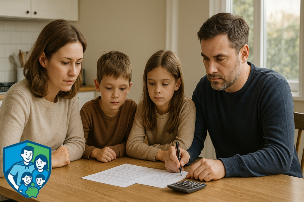 Familie plant gemeinsam ihre Altersvorsorge und Rente am Küchentisch