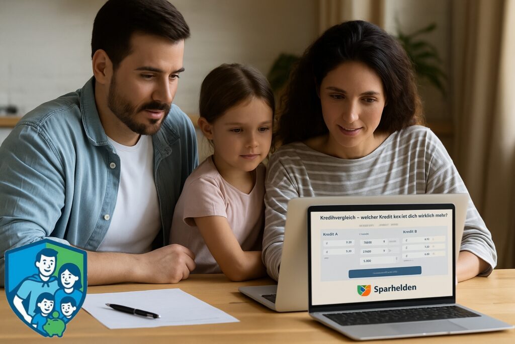 Familie sitzt gemeinsam am Tisch und vergleicht Konsumkredit am Laptop