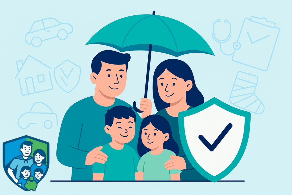 Illustration einer Familie unter einem großen Schutzschild und Regenschirm als Symbol für finanzielle Sicherheit und Versicherungen für Familien.