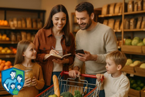 Familie beim Einkaufen im Supermarkt, die gemeinsam ihre Einkaufsliste durchgeht – alltagsnahes Motiv für Spartipps und Konsumvergleiche.