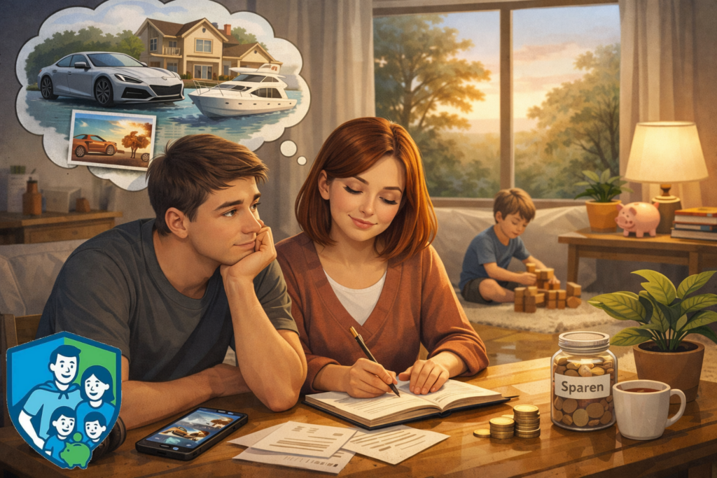 Vergleiche beim Investieren erzeugen Druck – Familie plant ruhig ihre Finanzen für langfristigen Vermögensaufbau