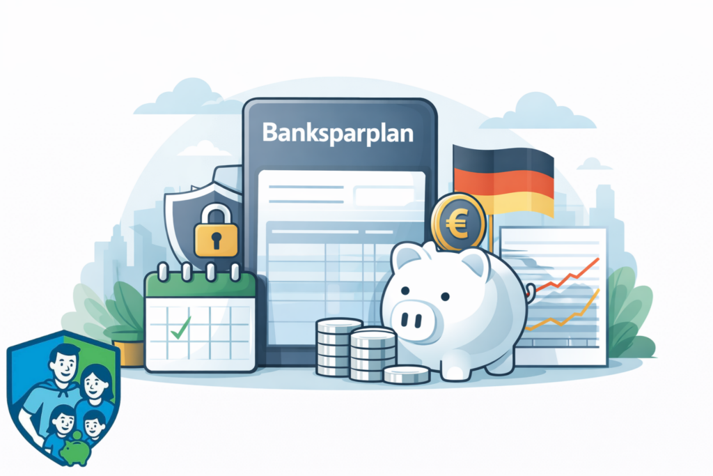 Illustration eines Banksparplans mit Sparschwein, Münzen und Kalender als sichere Sparform bei einer Bank