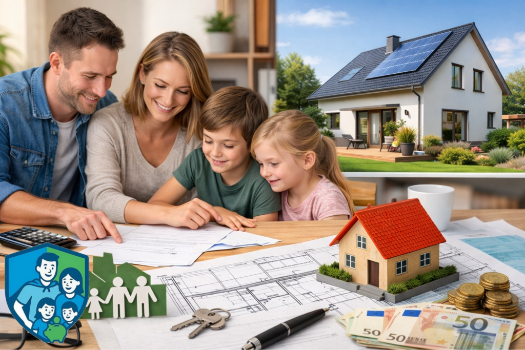 Bausparvertrag sinnvoll für Familien – gemeinsame Finanzplanung mit Hausmodell und Unterlagen.