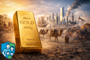 Goldbarren im Vordergrund mit historischer und moderner Industrie im Hintergrund als Symbol für die Rolle von Edelmetallen über Jahrtausende