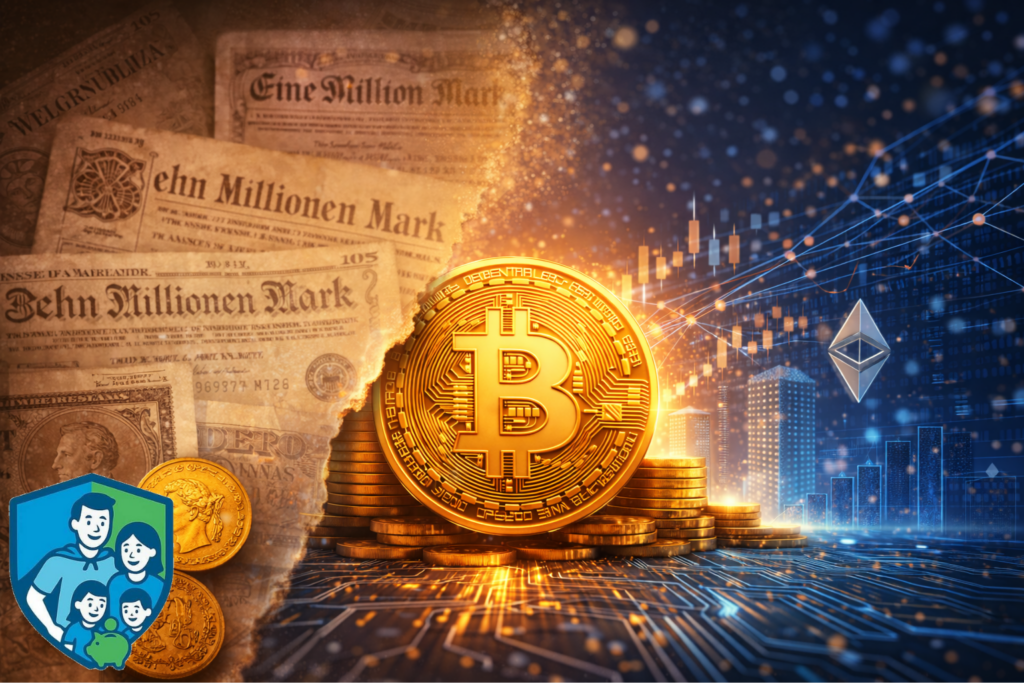 Historische Darstellung der Entstehung von Bitcoin als Kryptowährung – Übergang von physischem Geld zu digitalem, dezentralem Finanzsystem