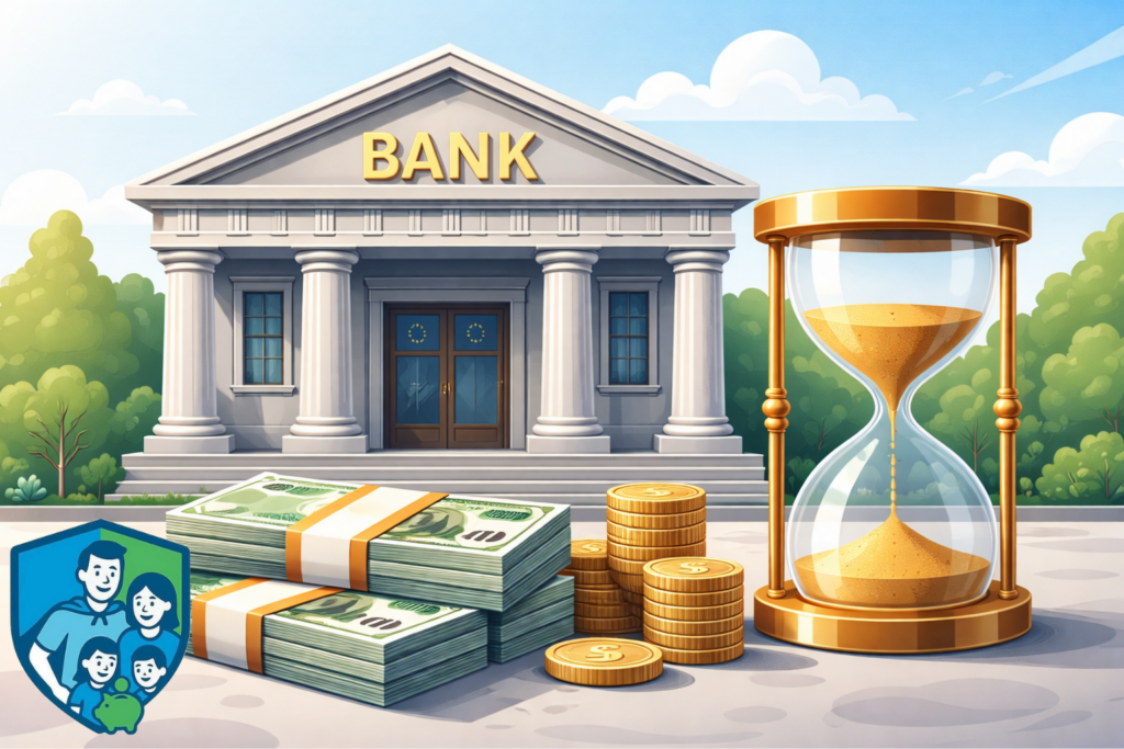 Symbolische Darstellung eines Festgeldkontos mit Bankgebäude, Geldscheinen und Sanduhr zur festen Laufzeit